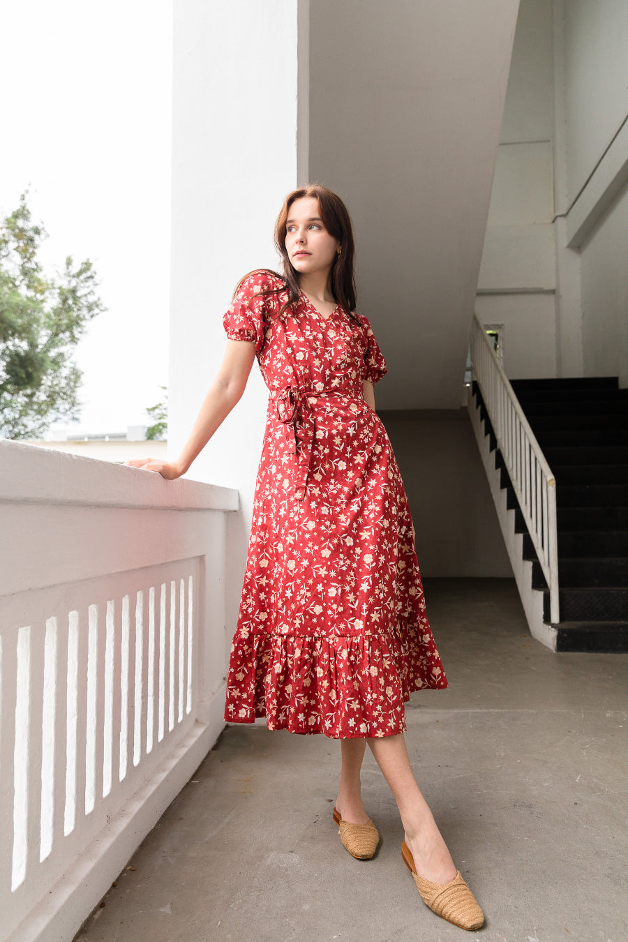 Red floral midi hot sale tea dress